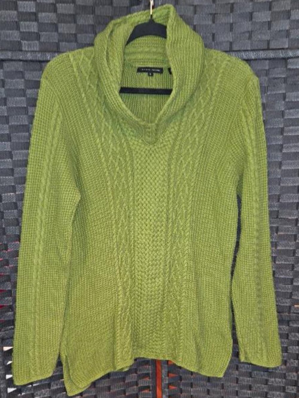 Jeanne Pierre Pea Green Cotton Cable Knit Cowl/Shawl Neck Sweater